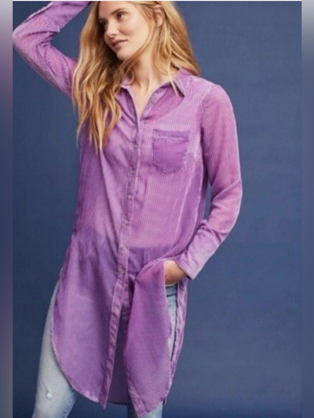 Anthropologie Akemi + Kin Velvet Strip button Down Duster